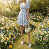 Ditsy Floral High Waist Flared Midi Dress – Short Sleeve Backless Summer Dress by FitiqueFit
