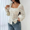 Women’s Square Neck Eyelet Lace Blouse – Puff Sleeve Hollow-Out Button Top by FitiqueFit