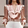Women’s Satin V-Neck Long Sleeve Top – Slim Fit Solid Color Blouse by FitiqueFit