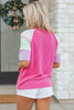 Bright Pink Twisted Ribbed Color Block Patchwork Henley Short Sleeve T Shirt by Wild and Free Boutique
