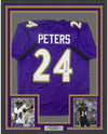 Framed Autographed/Signed Marcus Peters 35x39 Baltimore Purple Football Jersey JSA COA