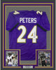 Framed Autographed/Signed Marcus Peters 35x39 Baltimore Purple Football Jersey JSA COA