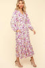 Lilac Full Size Floral V-Neck Long Sleeve Dress With Side Pockets Elegant & Practical Dress by Stevvex