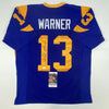Autographed/Signed Kurt Warner St. Louis Blue Football Jersey JSA COA