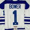 Autographed/Signed Johnny Bower HOF 76 Toronto Blue Hockey Jersey JSA COA