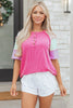 Bright Pink Twisted Ribbed Color Block Patchwork Henley Short Sleeve T Shirt by Wild and Free Boutique