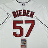 Autographed/Signed Shane Bieber Cleveland Indians White Majestic Baseball Jersey JSA COA