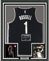 Framed Autographed/Signed D'Angelo Russell DLo 35x39 Brooklyn Black Basketball Jersey Athlete Holo COA