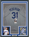Framed Autographed/Signed Joc Pederson 35x39 Los Angeles LA Grey Baseball Jersey JSA COA