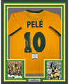 Framed Autographed/Signed Pele 35x39 Brazil Yellow Soccer Jersey Beckett BAS COA