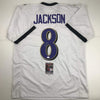 Autographed/Signed Lamar Jackson Baltimore White Football Jersey JSA COA