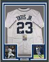 Framed Autographed/Signed Fernando Tatis Jr. 35x39 San Diego White Baseball Jersey JSA COA