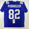 Autographed/Signed Mario Manningham New York Blue Football Jersey JSA COA