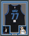 Framed Autographed/Signed Luka Doncic 35x39 Dallas Black Basketball Jersey Beckett BAS COA