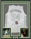 Framed Autographed/Signed Giannis Antetokounmpo 35x39 Milwaukee White Ice Basketball Jersey JSA COA