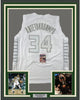 Framed Autographed/Signed Giannis Antetokounmpo 35x39 Milwaukee White Ice Basketball Jersey JSA COA