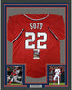 Framed Autographed/Signed Juan Soto 35x39 Washington Red Baseball Jersey JSA COA