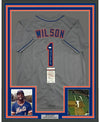 Framed Autographed/Signed Mookie Wilson 35x39 New York Grey Baseball Jersey JSA COA