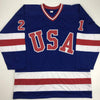 Autographed/Signed Mike Eruzione Blue Team USA Miracle On Ice 1980 Hockey Jersey JSA COA