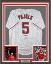 Framed Autographed/Signed Albert Pujols 35x39 Los Angeles White Baseball Jersey Beckett BAS COA #2