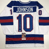 Autographed/Signed Mark Johnson White Team USA Miracle On Ice 1980 Olympics Hockey Jersey JSA COA