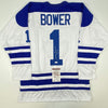 Autographed/Signed Johnny Bower HOF 76 Toronto Blue Hockey Jersey JSA COA