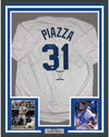 Framed Autographed/Signed Mike Piazza 35x39 Los Angeles LA White Baseball Jersey Beckett BAS COA