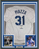 Framed Autographed/Signed Mike Piazza 35x39 Los Angeles LA White Baseball Jersey Beckett BAS COA