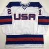 Autographed/Signed Mike Eruzione White Team USA Miracle On Ice 1980 Hockey Jersey JSA COA