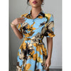 Women’s Printed Puff Sleeve Dress – Blouse Collar Cross-Tie Waist Style by FitiqueFit