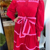 Lace Stitching Red High Collar Long Sleeve Loose Temperament Dress