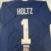 Autographed/Signed Lou Holtz Notre Dame Blue College Football Jersey JSA COA