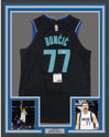 Framed Autographed/Signed Luka Doncic 35x39 Dallas Black Basketball Jersey PSA/DNA COA