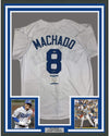 Framed Autographed/Signed Manny Machado 35x39 Los Angeles LA White Baseball Jersey Beckett BAS COA