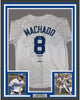 Framed Autographed/Signed Manny Machado 35x39 Los Angeles LA White Baseball Jersey Beckett BAS COA