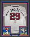 Framed Autographed/Signed John Smoltz 35x39 Atlanta White Baseball Jersey JSA COA