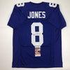 Autographed/Signed Daniel Jones New York Blue Football Jersey JSA COA