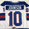 Autographed/Signed Mark Johnson White Team USA Miracle On Ice 1980 Olympics Hockey Jersey JSA COA