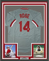 Framed Autographed/Signed Pete Rose 35x39 Cincinnati Grey Baseball Jersey Athlete Hologram COA Holo