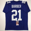 Autographed/Signed Tiki Barber New York Blue Football Jersey JSA COA