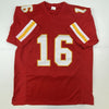Autographed/Signed Len Dawson HOF 87 Kansas City Red Football Jersey JSA COA