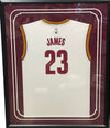 Framed Autographed/Signed LeBron James 35x39 Cleveland Cavaliers White Basketball Jersey PSA/DNA COA/LOA