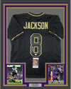 Framed Autographed/Signed Lamar Jackson 35x39 Baltimore Blackout Football Jersey JSA COA