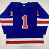 Autographed/Signed Eddie Giacomin HOF 87 New York Blue Hockey Jersey JSA COA