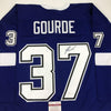 Autographed/Signed Yanni Gourde Tampa Bay Blue Hockey Jersey JSA COA