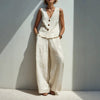 Linen Blend V-Neck Buttoned Vest & High-Waist Wide-Leg Pants Set – 5 Colors S–3XL by FitiqueFit