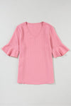 Beau Blue Ruffled Short Sleeve V Neck Textured Blouse