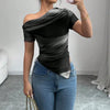 Women’s Tie-Dye One-Shoulder Mesh Ruched Top – Asymmetrical Stretch Tee for Going Out