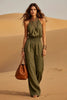 Women's Sleeveless Backless Lace-Up Halter Wide-Leg Jumpsuit by FitiqueFit