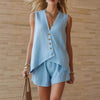 Women's Cotton-Linen V-Neck Button Sleeveless Top & Shorts Set by FitiqueFit